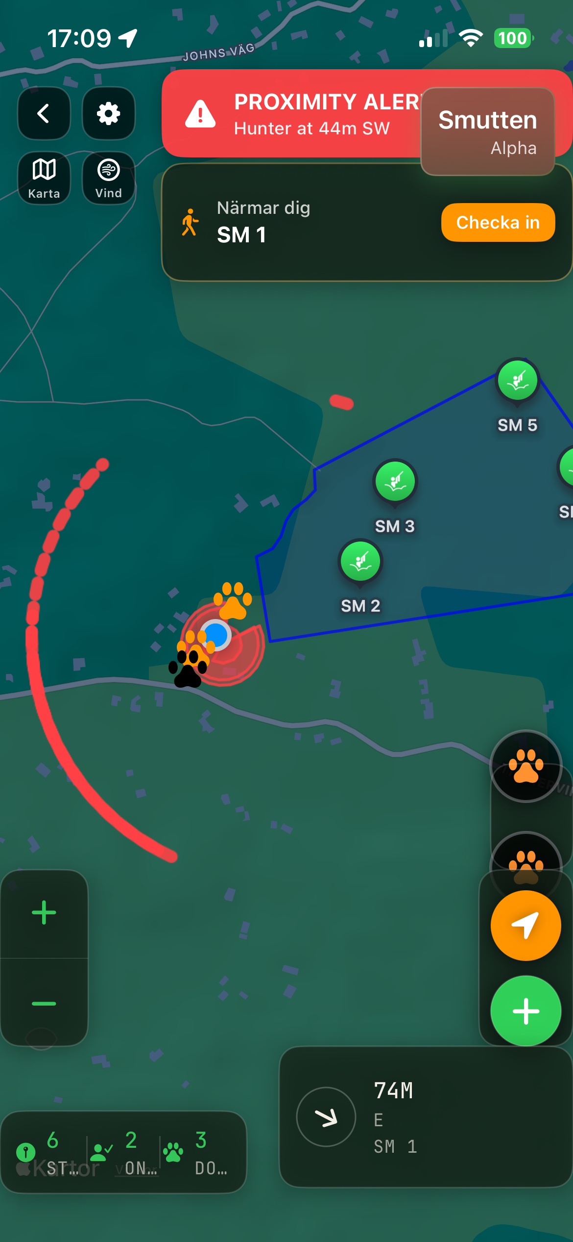 Den taktiska kartan med användarens HUD och en aktiv proximity alert